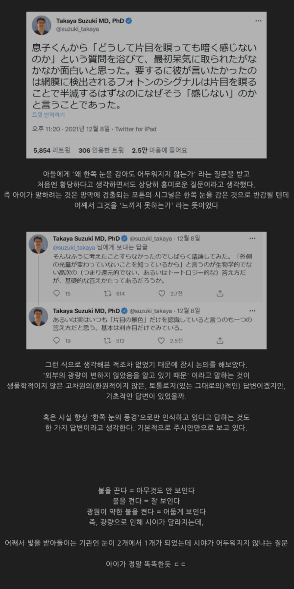 왜 한쪽 눈을 감아도 어두워지지 않는가?